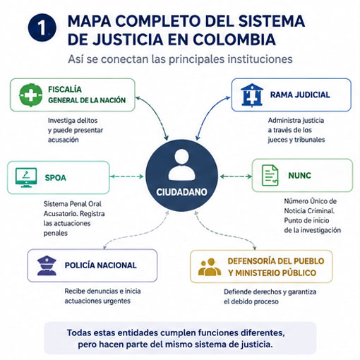 Mapa completo del sistema judicial colombiano con Fiscalía, SPOA, NUNC, Policía y Rama Judicial