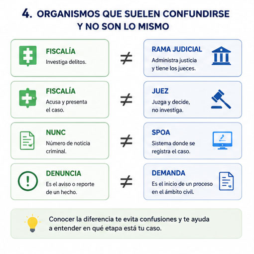 Diferencias entre Fiscalía, Rama Judicial, SPOA, NUNC, denuncia y demanda en Colombia