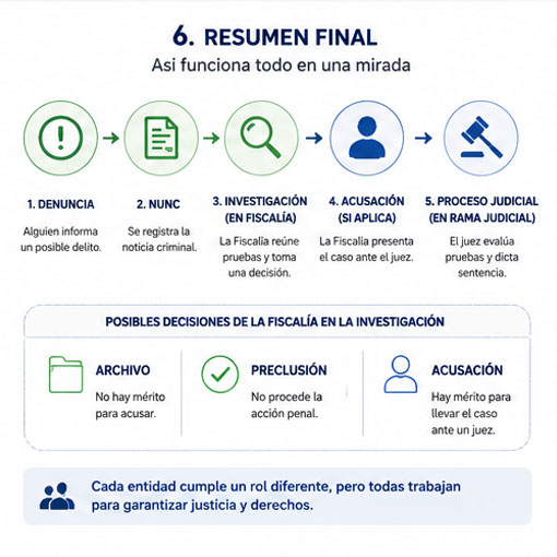 Resumen visual del funcionamiento del sistema judicial colombiano desde la denuncia hasta el proceso judicial